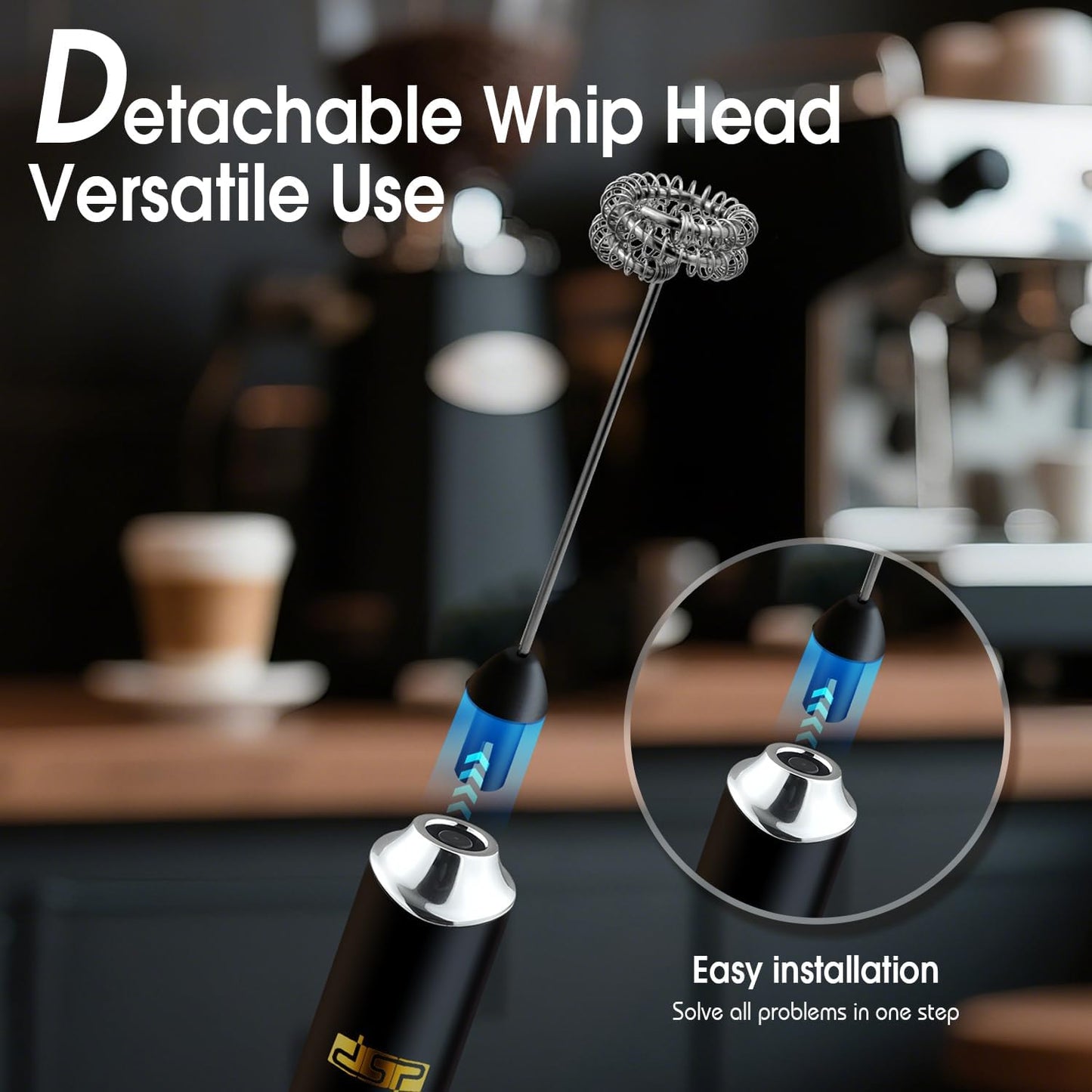 DSP Handheld Milk Frother Rechargeable, Electric Whisk for Coffee, 2 Stirring Rods 3 Speed Adjustable, Low Noise Drink Whisk for Lattes, Matcha, Hot Chocolate, Egg (Midnight Black)