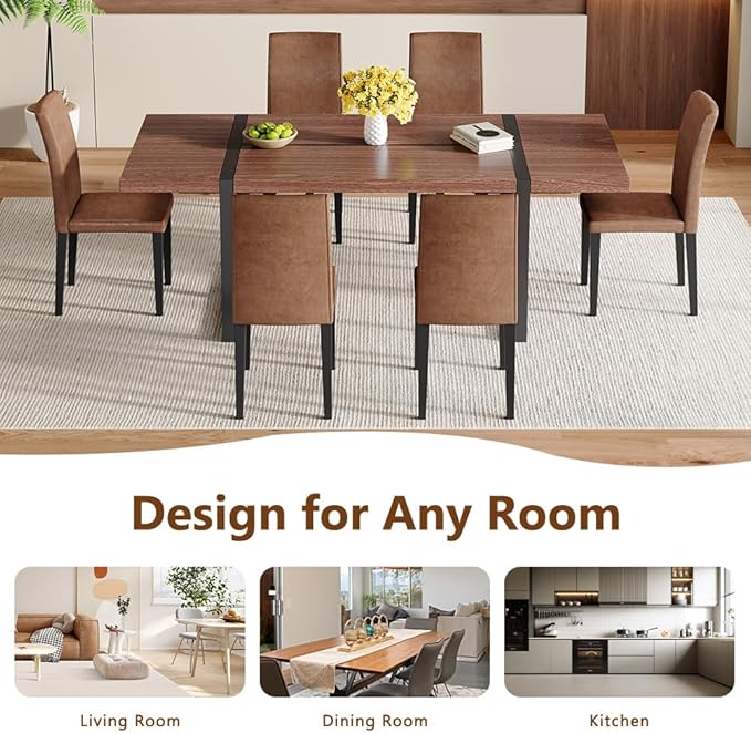 86.6" Dining Table Set for 6, Modern 7 Piece Wood Kitchen Table and Chairs Set, Rectangle Dining Room Table with 6 PU Leather Upholstered Chairs, Ideal for Apartment, Kitchen, Dining Room