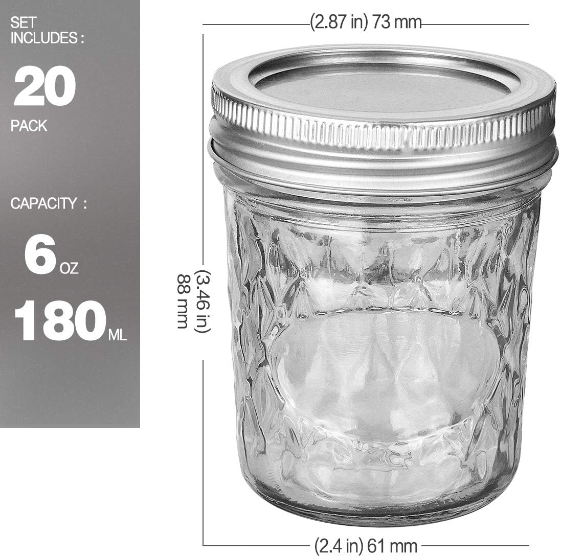 VERONES Mason Jars 6 OZ, 20 PACK 6oz Mason jars Canning Jars Jelly Jars With Lids, Ideal for Jam, Honey, Wedding Favors, Shower Favors, Extra 20 Lids