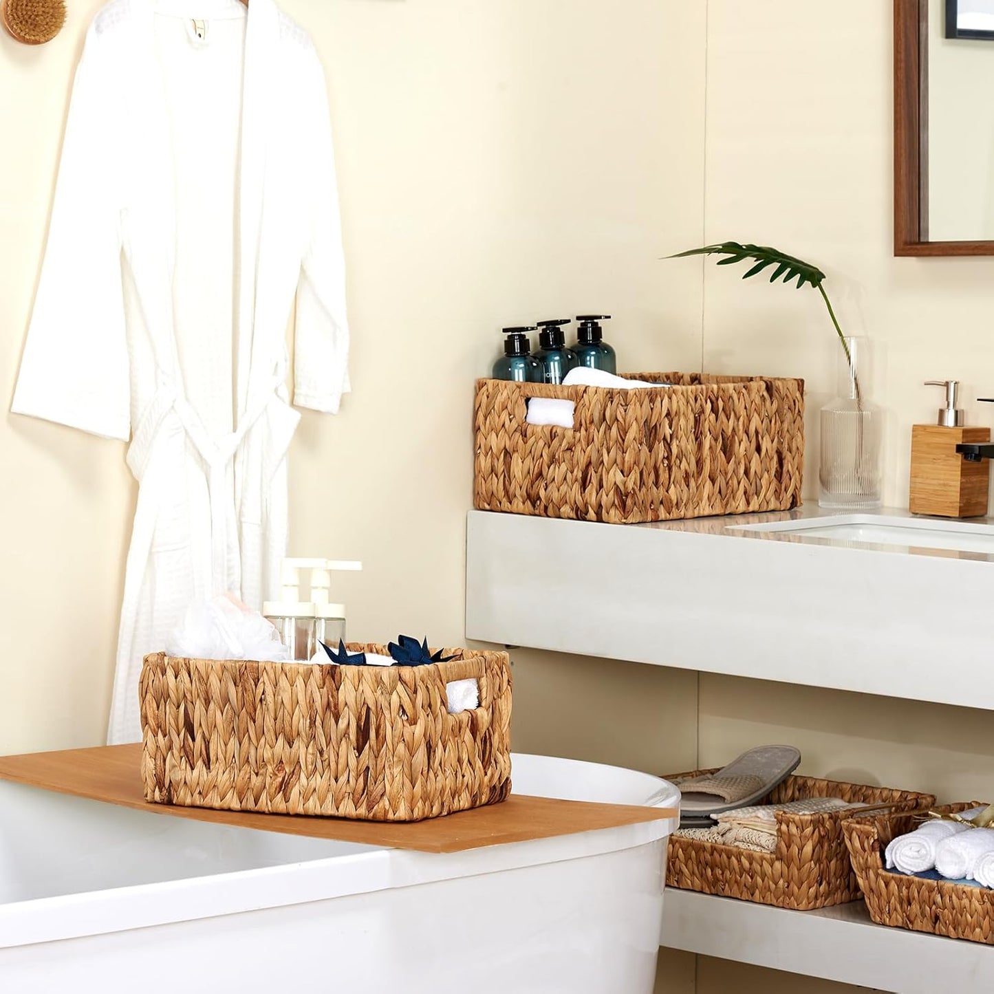 Wicker Baskets 2 Pack, Water Hyacinth Rectangular Storage Basket with Handles, Large for Organizing, Natural