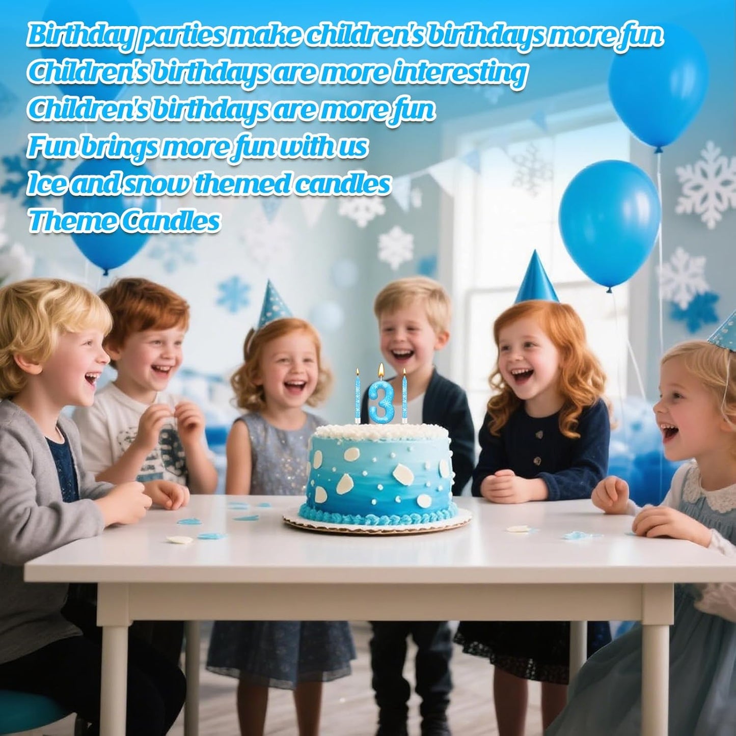 13PCS White and Blue Frozen Themed Party Birthday Candles Set - Blue Number Candles Snowflake Themed Decorations, Girls Party Supplies(Number 3)