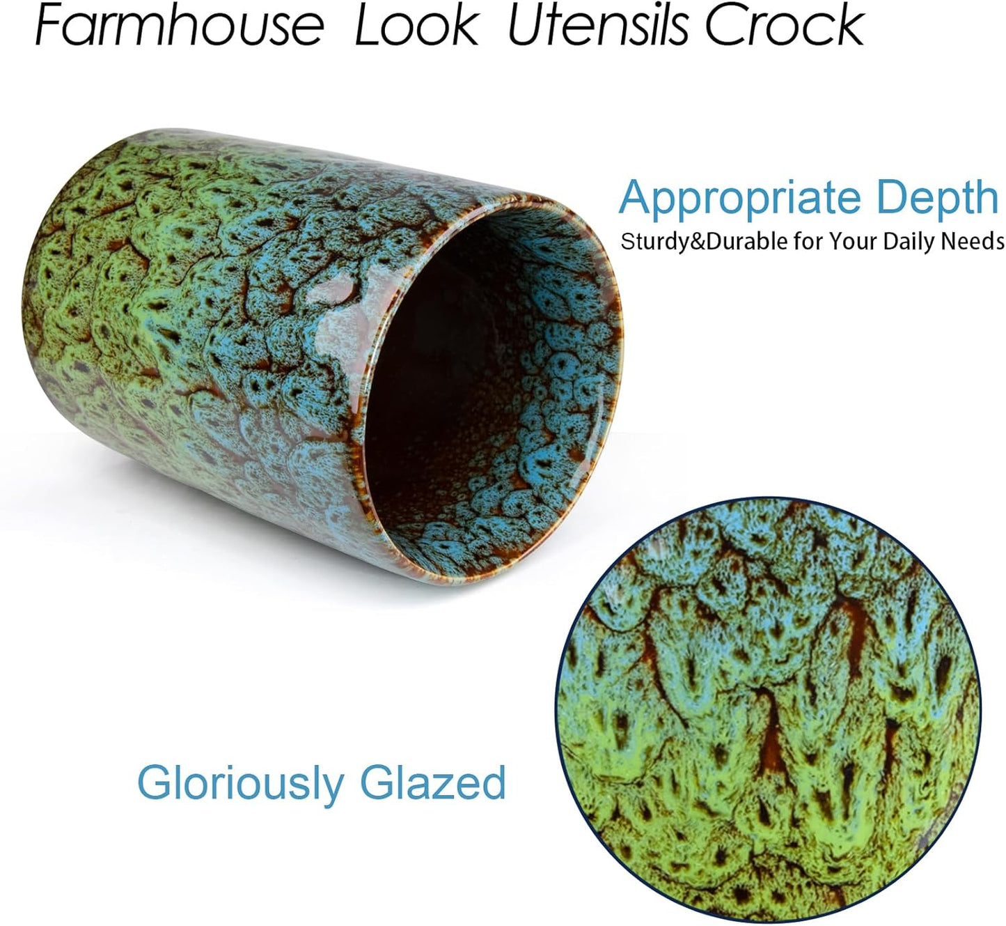 Utensil Holder, Ceramic Kitchen Utensil Holder for Countertop, Large Cooking Utensil Crocks for Kitchen Counter, Morden Utensil Organizer for Spatula, kitchen Decor, Blue & Green