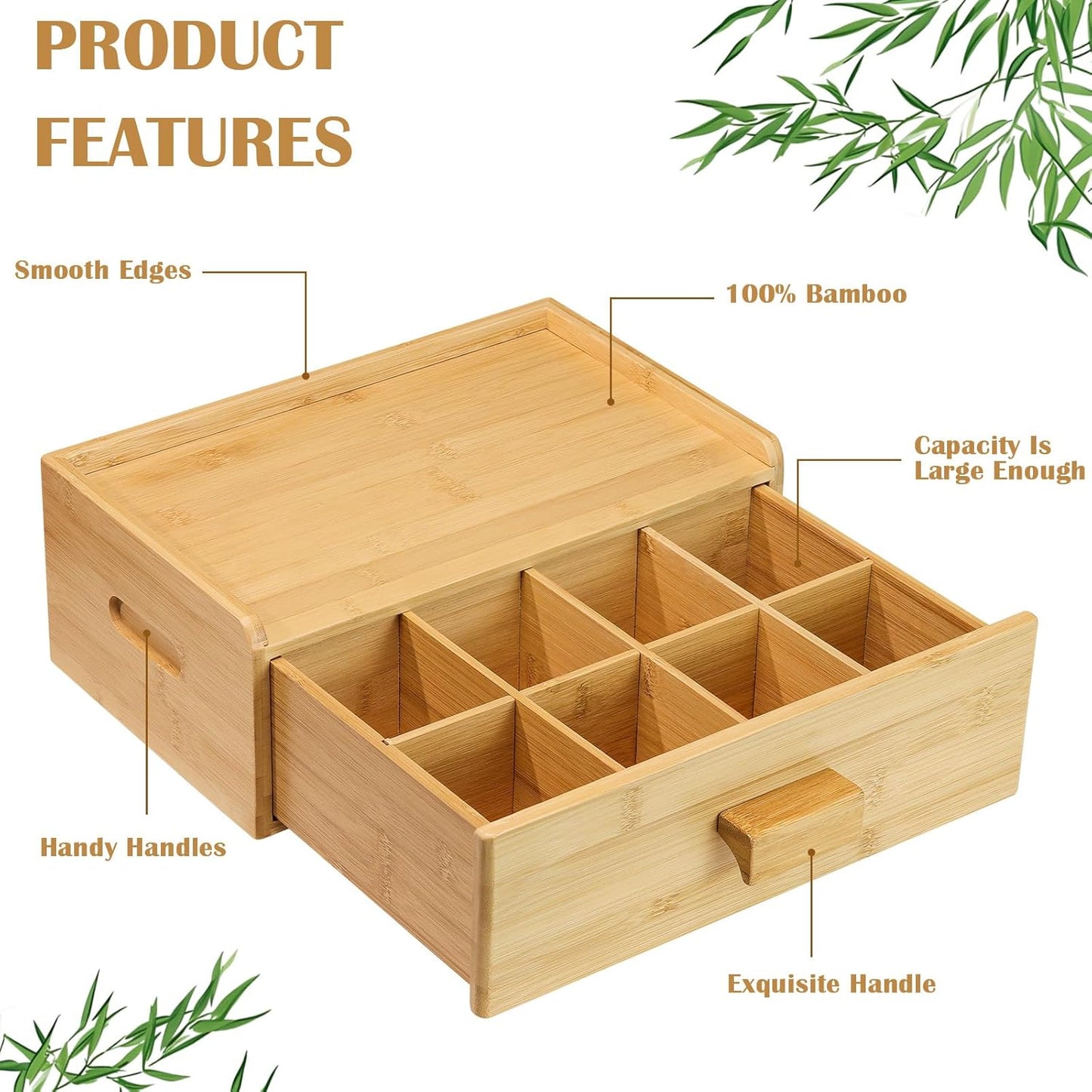Bamboo Tea Bag Organizer, Slide Drawer Storage Box with 8 Compartments, Eco-Friendly Countertop Holder Display for Teabags, Tea Station Chest, Organizador De Te