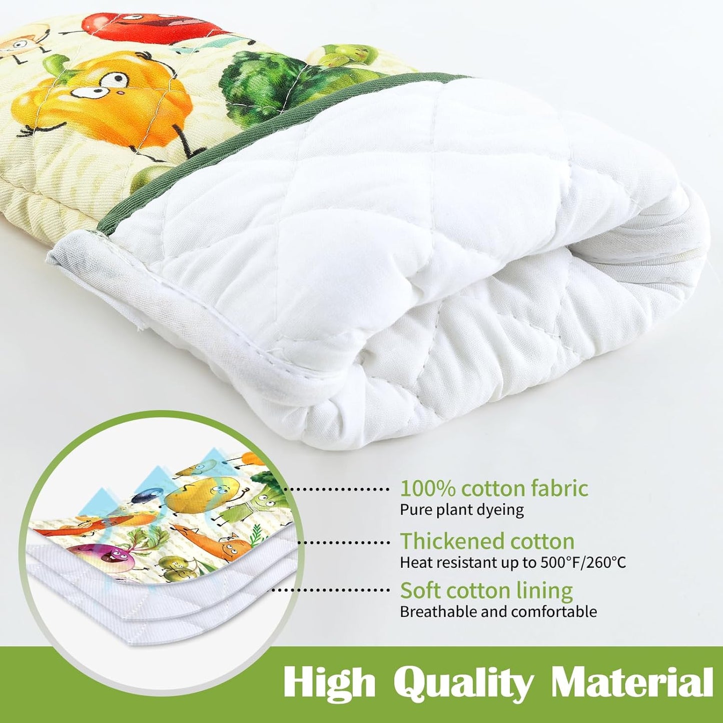 Vegetables Oven Mitts and Pot Holders Sets 2Pcs, 100% Cotton Heat Resistant, Extra Long Oven Gloves Potholder for Kitchen Cooking Baking Decoration