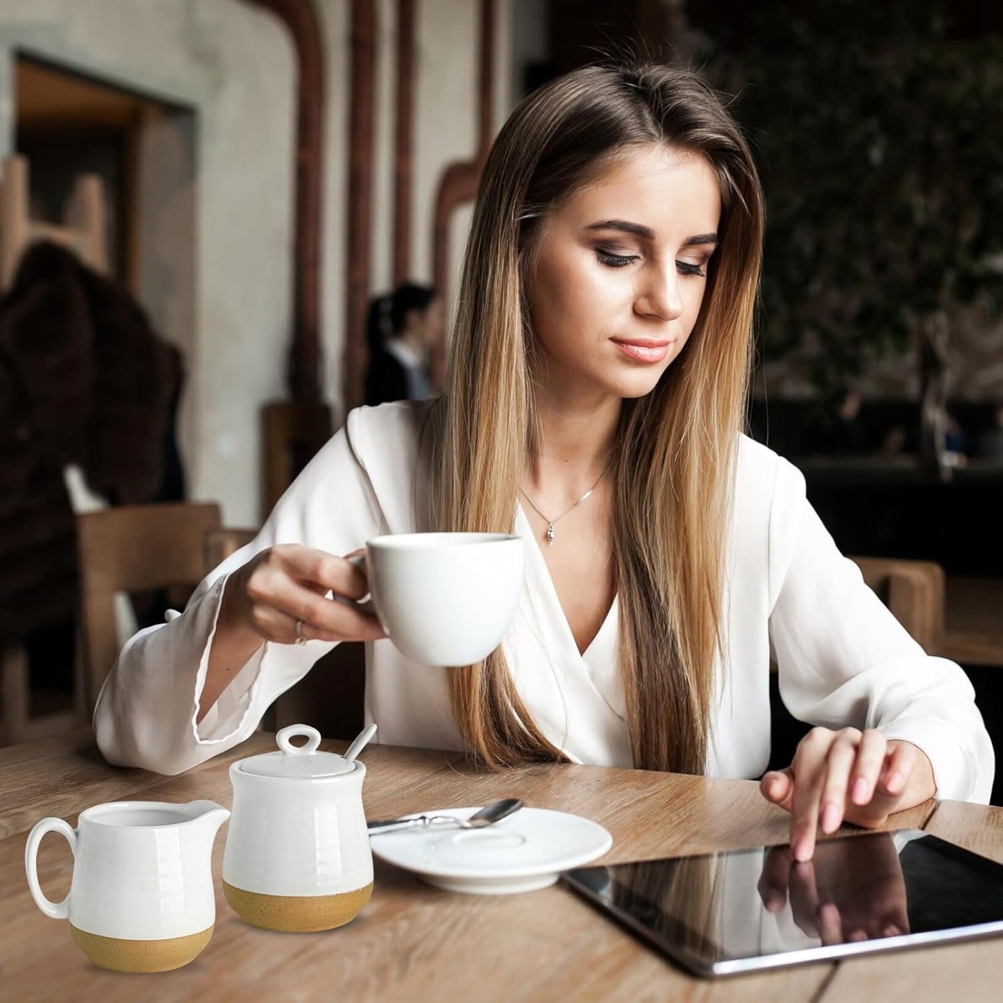 Hasense Ceramic Sugar and Creamer Set, 3 Piece Coffee Serving Set with Cream Pitcher, Sugar Bowl, Lid & Spoon, 10 Ounce Sugar and Creamer Set for Coffee Bar, Perfect for Wedding Gift (White)