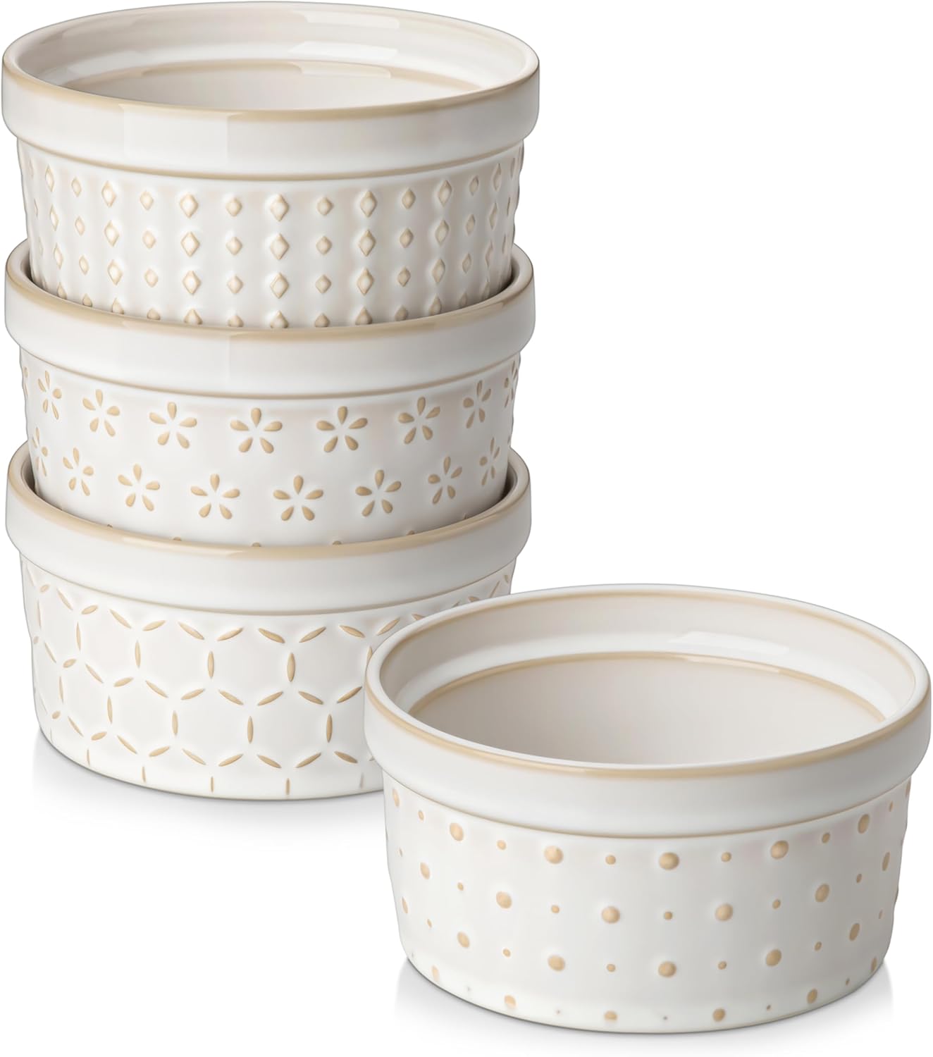 MALACASA Ramekins 8 Oz Oven Safe, Ceramic Creme Brulee Souffle Dishes, Pudding Custard Cups Ramekin For Baking, Small Dipping Sauce Bowls, Set of 4, Microwave and Dishwasher Safe, Arctic White