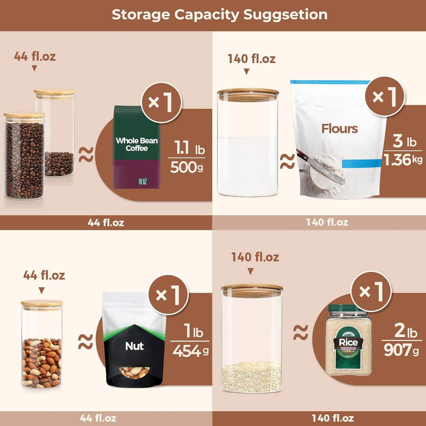 ComSaf Glass Food Storage Containers with Bamboo Lid (1.1Gallon/44oz), Glass Jar with Airtight Lid Clear Glass Food Canister Set of 2 for Dry food like Rice, Sugar, Flour, Pasta, Cereal, Beans, Nuts