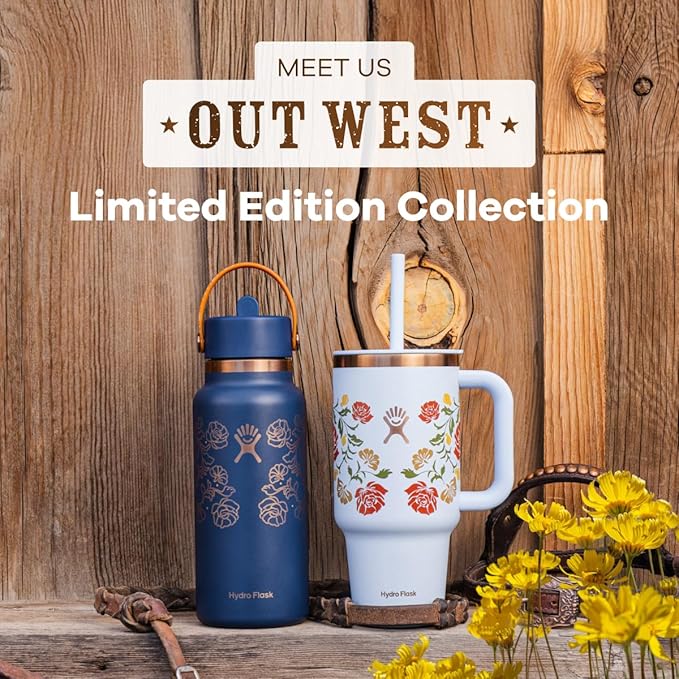 Hydro Flask Water Bottle - Insulated Stainless Steel - Wide Mouth Flex Straw Lid, Non Spill, Leakproof and Refillable in 32 Oz Western Dark Blue