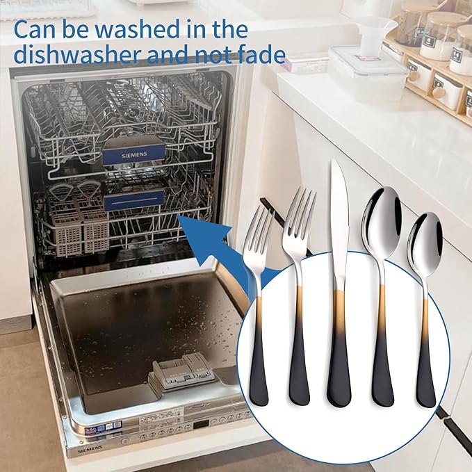 20-Piece Black Gold and Silverware Set, 18/0 Stainless Steel Colorful Handle Flatware Set,Service for 4,Modern Cutlery Set Includes Dinner Knives Forks Spoons,Mirror Polished,Dishwasher Safe