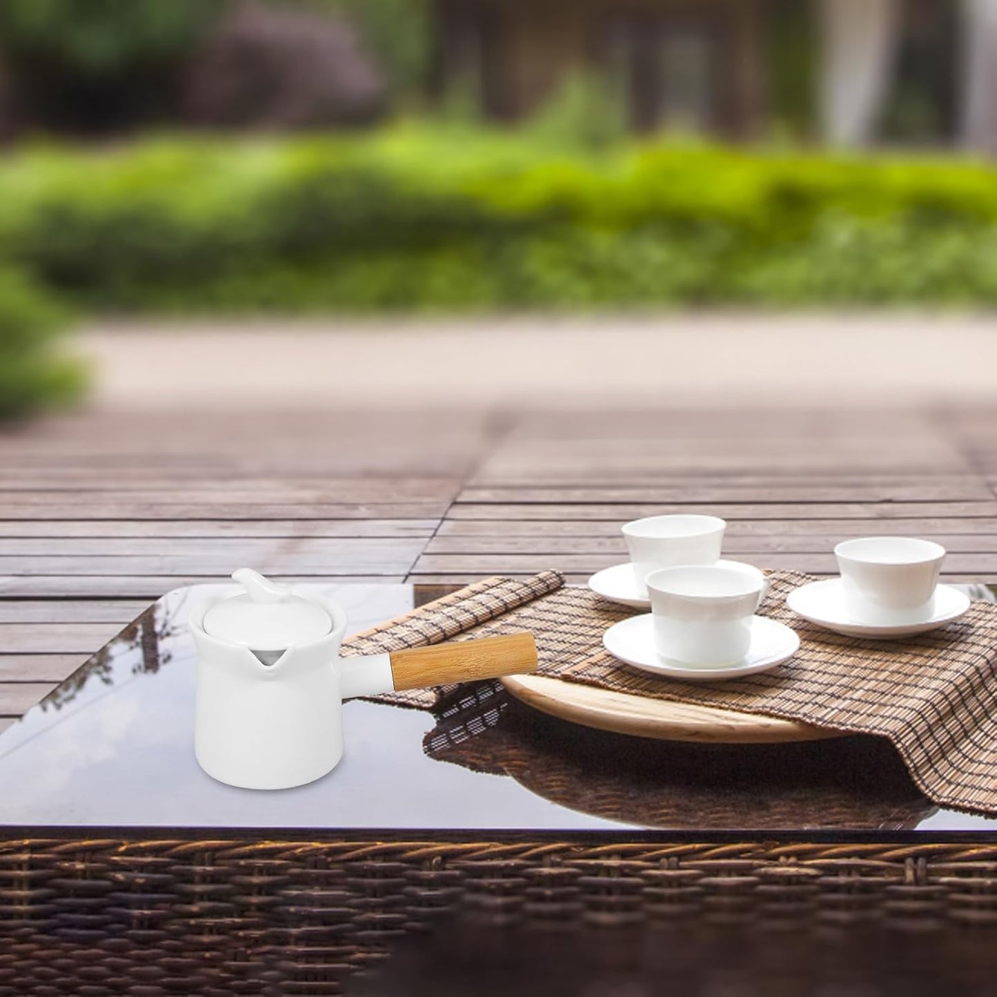 Ciieeo Enamel Milk Pot 350ml Mini Butter Warmer Non-stick Milk Heating Pot Small Enamelware Saucepan with Wood Handle and Lid for Heating Liquid Portions White