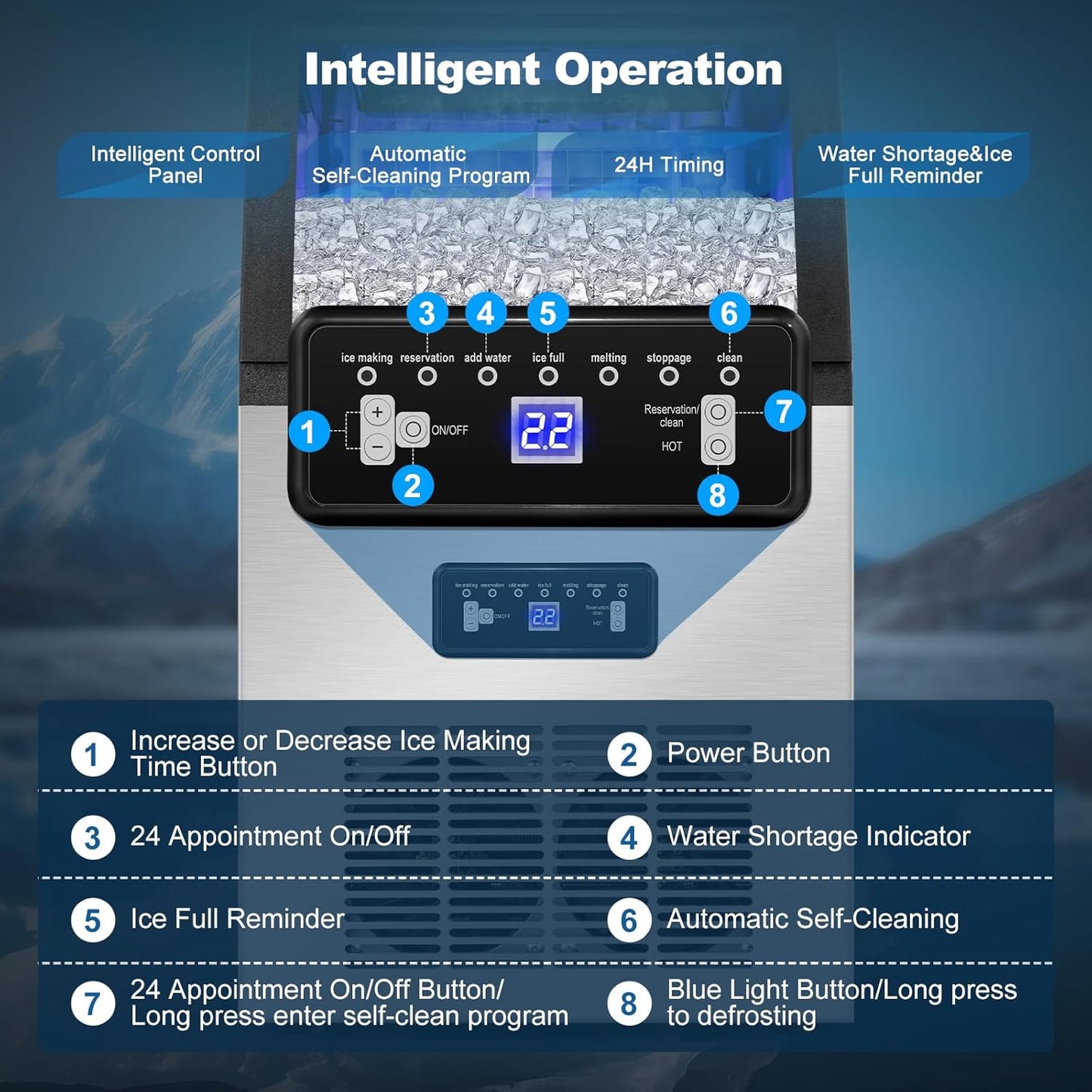 Commercial Ice Maker Machine 100Lbs/24H with 2 Water Inlet Modes, 36Pcs Ice Cubes in 8-15 Mins, Stainless Steel Under Counter/Freestanding Ice Machine with 24Lbs Storage Bin for Home/Shop/Office/Bar