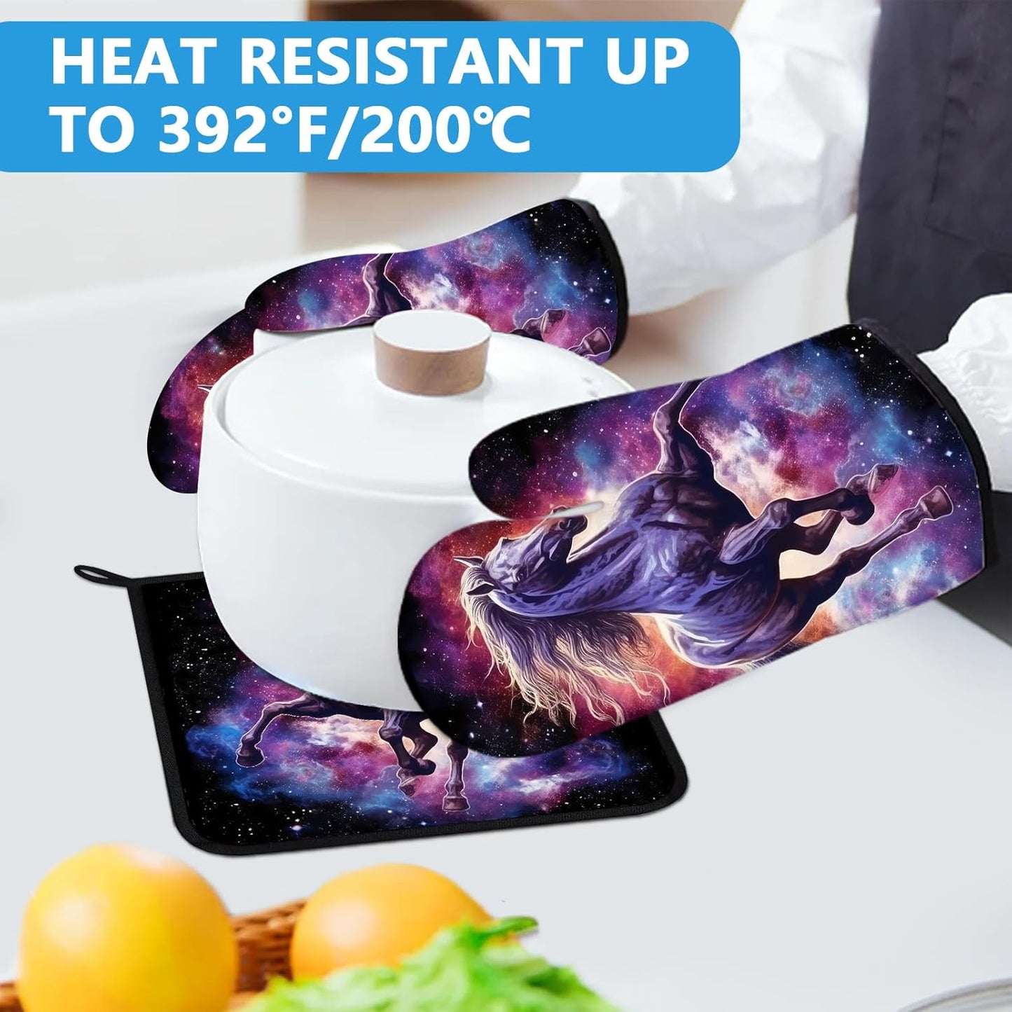 Horse Purple Galaxy Space Oven Mitts and Pot Holders Sets Heat Resistant 4Pcs Potholders Oven Gloves Hot Pads for Kitchen Baking Cooking Grilling BBQ
