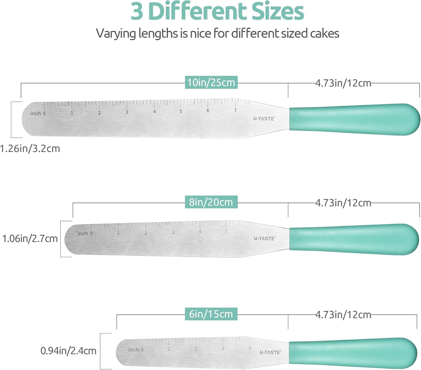 U-Taste Cake Icing Spatulas Set: Straight Decorating Frosting Knife with 6", 8", 10" Thinner Stainless Steel Blade, Flexible Smoothing Spreading Tools with Comfortable PP Handle for Cream (Aqua Sky)