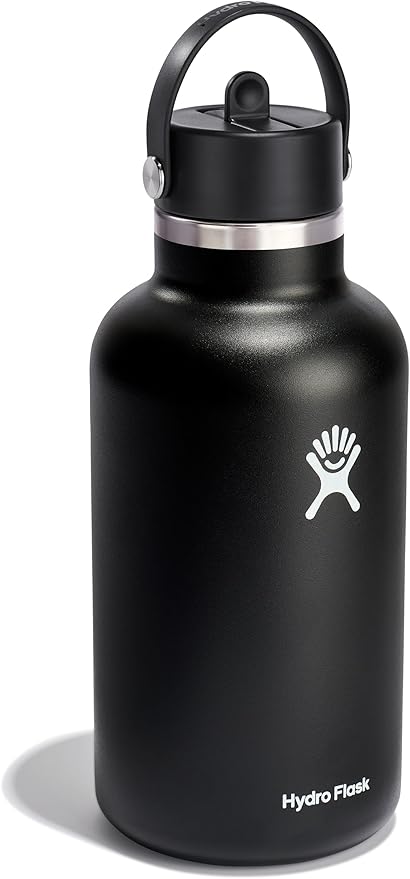 Hydro Flask Water Bottle - Insulated Stainless Steel - Wide Mouth Flex Straw Lid, Non Spill, Leakproof and Refillable in 64 Oz Black