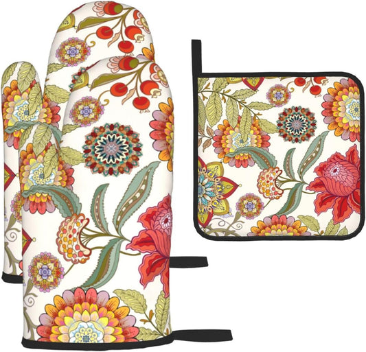 Boho Floral Oven Mitts and Pot Holders Sets of 3 Heat Resistant Hot Pads Colorful Flower Decorative Oven Gloves for Cooking Grilling Baking Kitchen Decor