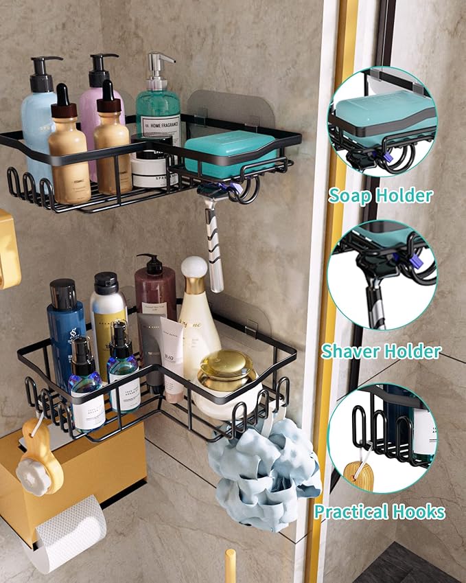 HapiRm Corner Shower Caddy with Shampoo Holder, 2-Pack Shower Organizer Shower Storage Shelf with 11 Hooks, No Drilling Rust Proof Stainless Steel Corner Shower Shelf with 6 Pack Adhesives (Black)