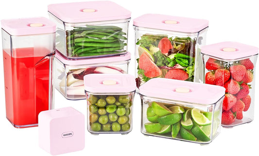Premium Airtight Food Storage Containers ROSE 8P/SET, 6pcs Container, 1pcs Water Pitcher and Vacuum Sealer. Patented Double Silicone Lining, 100% Leak Proof, BPA-FREE