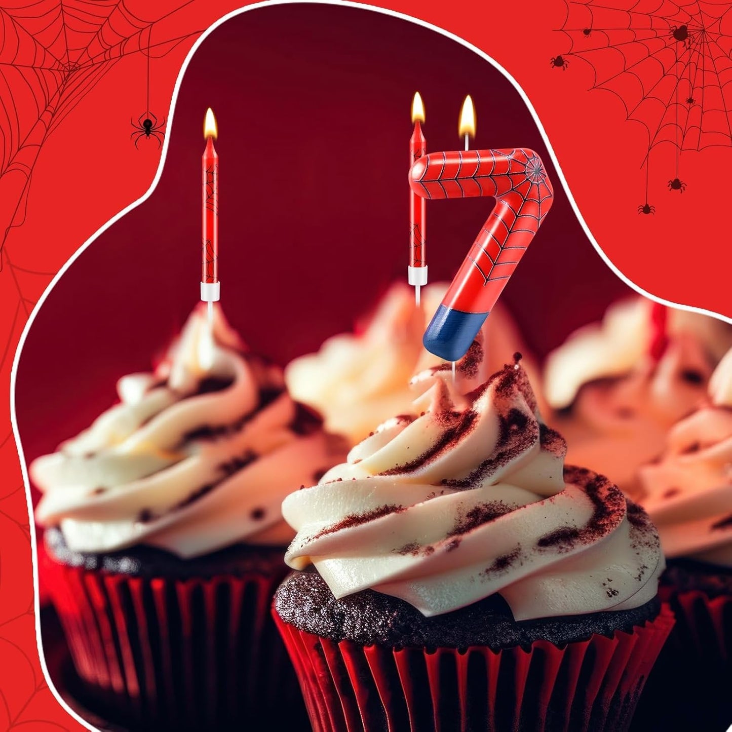 13 Pcs Spider Themed Birthday Candle Set Red Spider Theme Number 7 Candle Cake Topper for Boys Girls Birthday Decoration Spider Party Decoration Supplies (Number 7)
