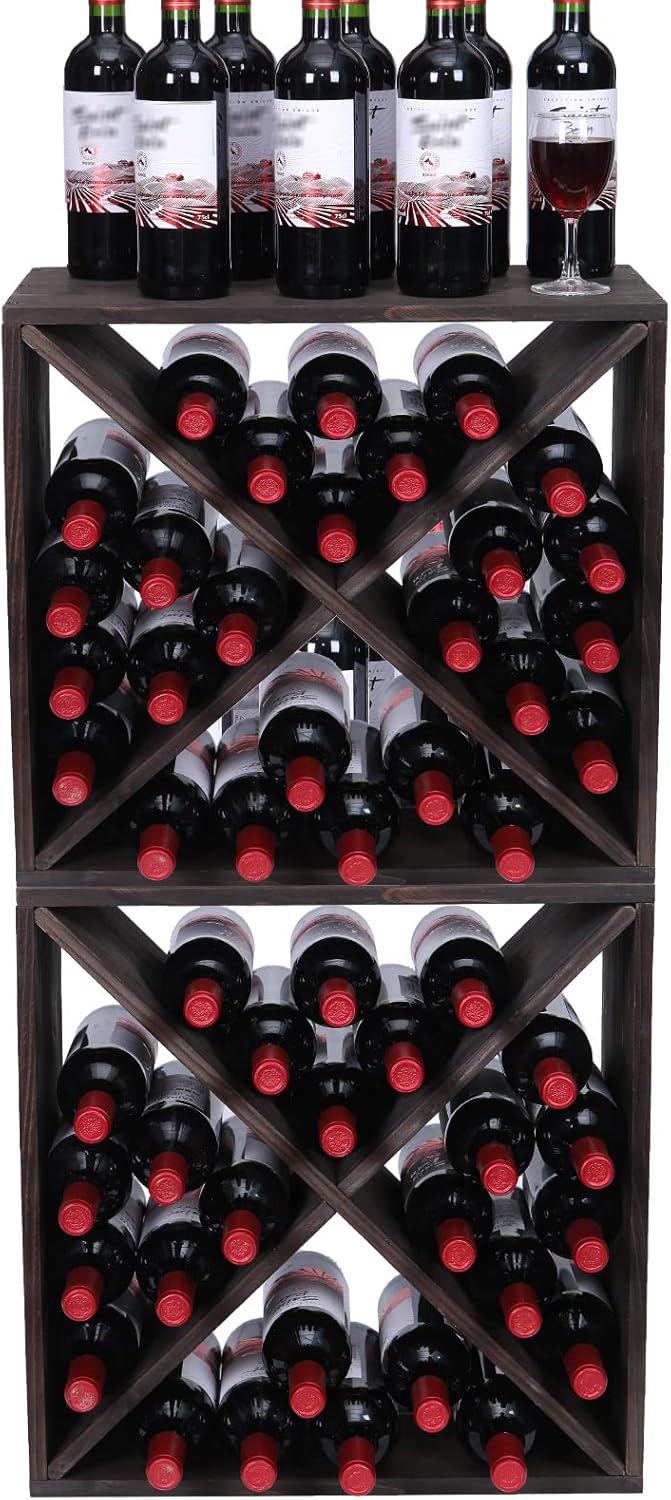 Wine Racks countertop Solid Wood Stackable Storage Rustic Retro Cube 48-Bottle Wooden Wine Rack Wine Cabinet(48BottleBlack)