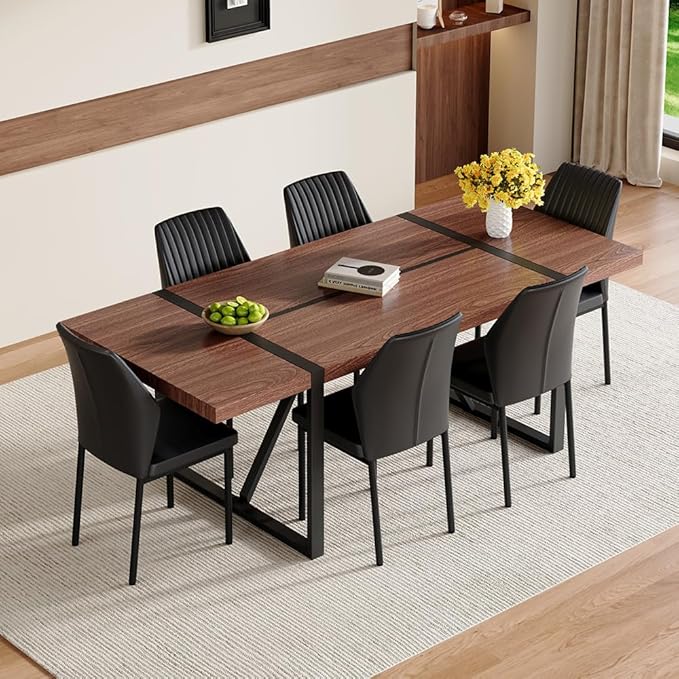 86.6" Dining Table Set for 6, Modern 7 Piece Wood Kitchen Table and Chairs Set, Rectangle Dining Room Table with 6 PU Leather Upholstered Chairs, Ideal for Apartment, Kitchen, Dining Room