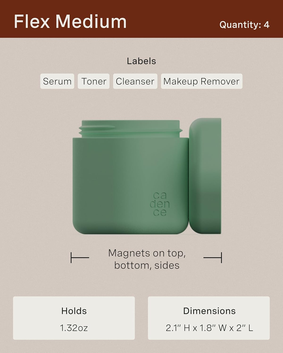 Cadence Travel Containers - Full Skincare Set - Magnetic Containers with Lids,Carry On Travel Essentials For Women/Men - 2 Small (0.56oz), 4 Medium Capsules (1.32oz), & Extender (1.43oz) - Sand