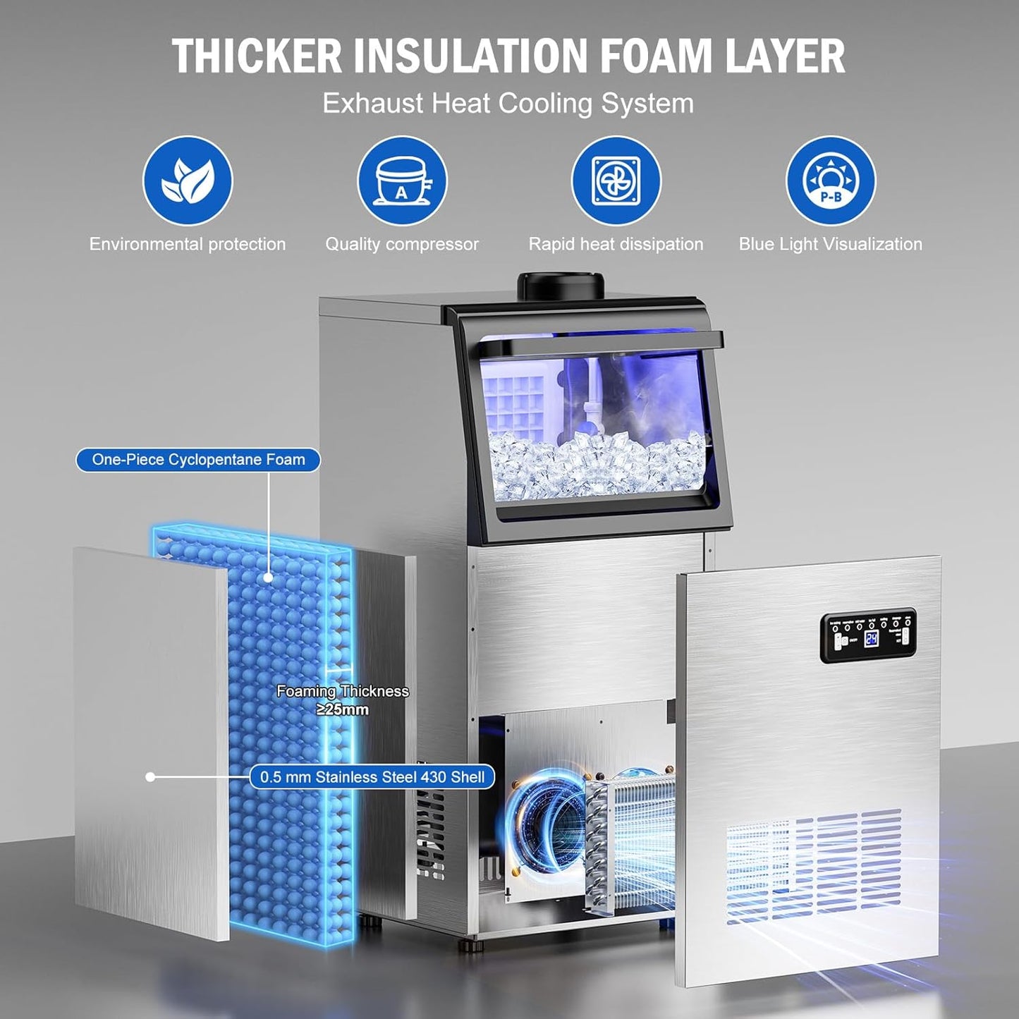 Commercial Ice Maker Machine 130 LBS/24H, 45 Ice Trays Freestanding & Undercounter Ice Machine Stainless Steel with 20 LBS Ice Storage Capacity, Ice Maker with Water Line and Filter, Dual Water Inlet