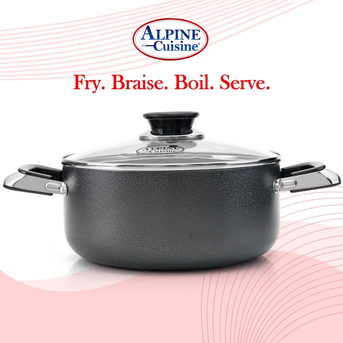 Alpine Cuisine 2.2 Quart Non-stick Stock Pot with Tempered Glass Lid and Carrying Handles, Multi-Purpose Cookware Aluminum Dutch Oven for Braising, Boiling, Stewing