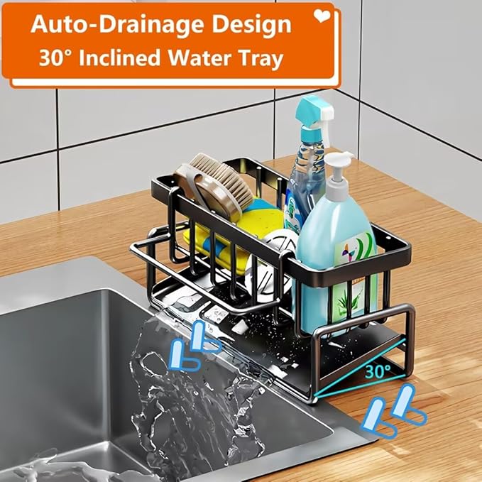 CIT ZCFY Kitchen Sink Caddy Organizers - Stainless Steel Sink Caddy with 30 Tilt Self-Drainage, Dish Brush Holder & Removable Dishcloth Rack - Gray