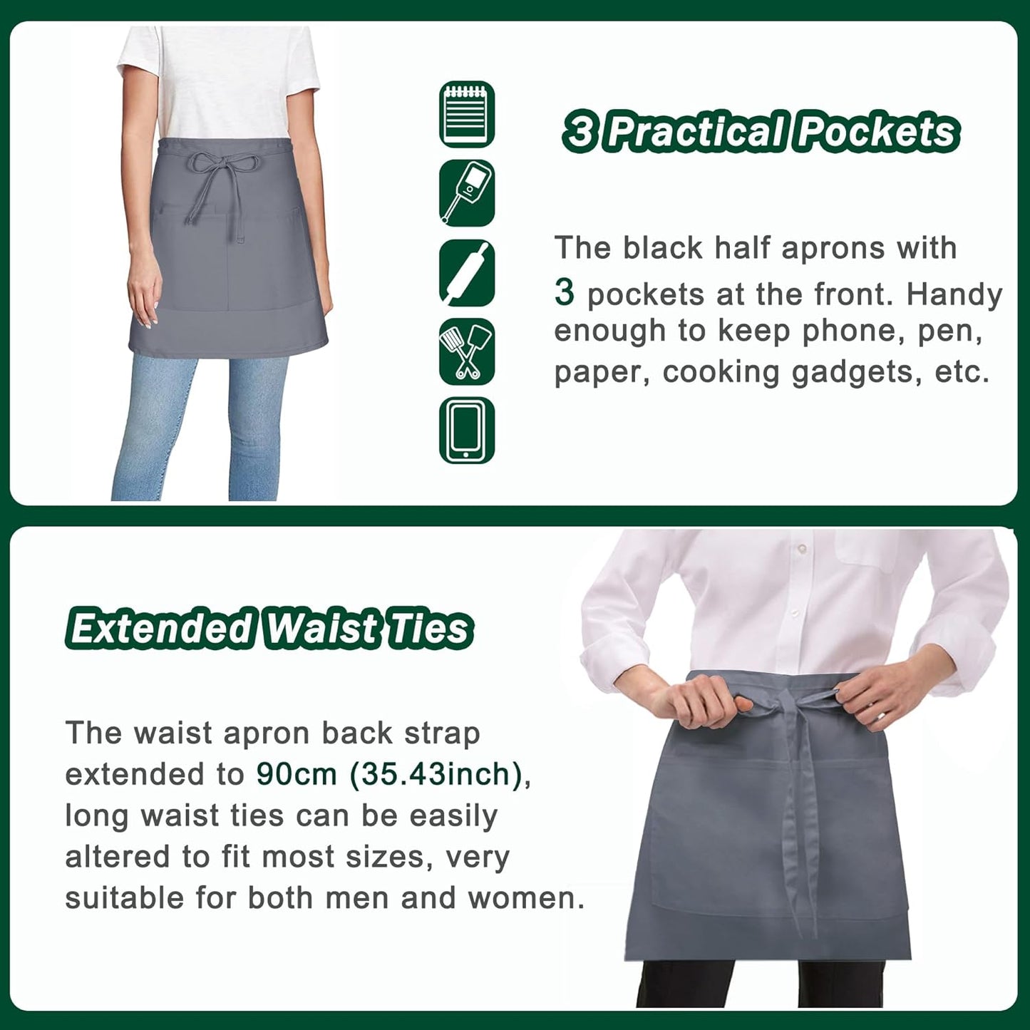 4 Pack Short Server Waitress Chef Apron, Grey Waist Aprons with 3 Pockets for Women Men, Half Apron for Waiter Cooking Dishwashing Cleaning Painting Gardening Barbecue (Polycotton - Grey)