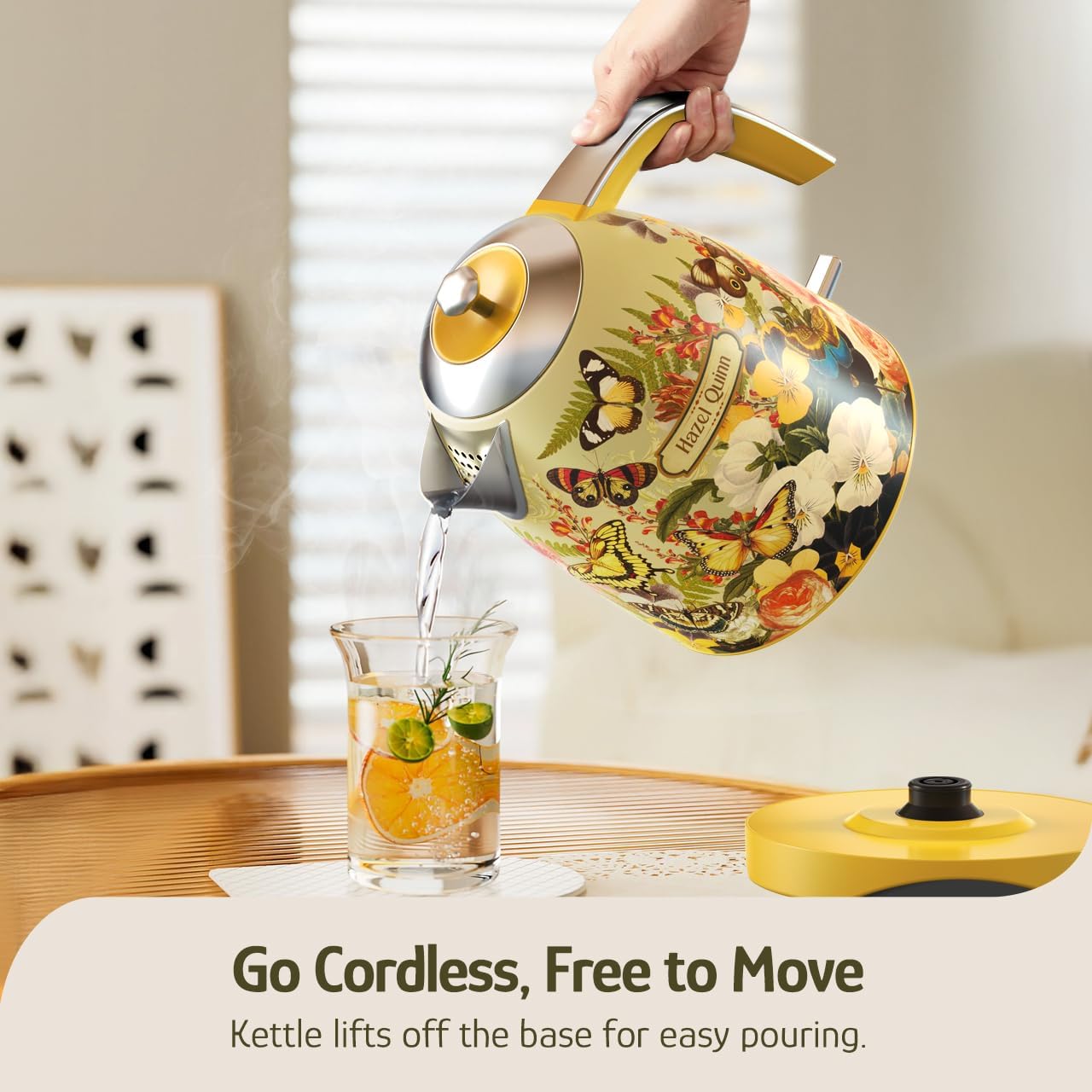 Hazel Quinn X Eduardo Recife Collaboration Electric Kettle - 1.7 Liters (57oz) Stainless Steel Water Kettle, BPA-Free Interior, 1200W Fast Boiling, Cordless, Automatic Shut Off - Floral Printed