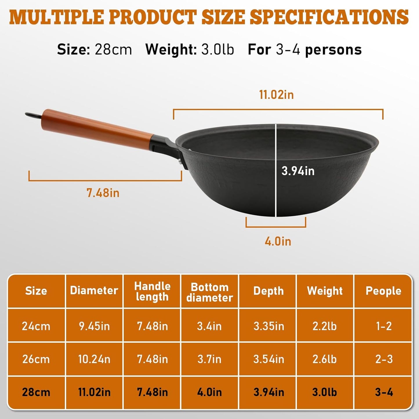 Nonstick Frying Wok Pan Hybrid, 11 Inch Preseasoned Deep Stir Fry Pan Skillet with Glass Lid, Traditional Chinese Cast Iron Wok, No Coated Saucepan for Induction, Electric, Gas, Grill Stoves