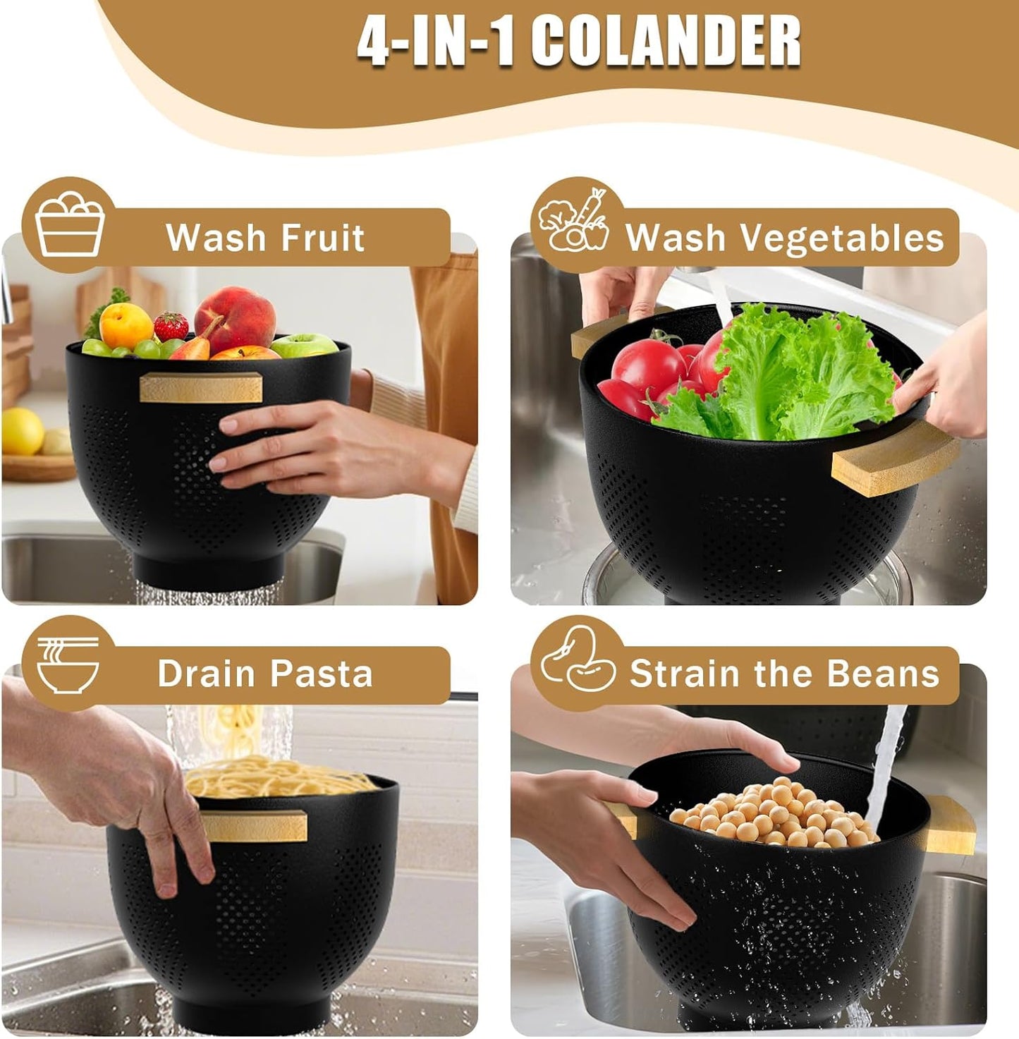 Colander for Kitchen - Strainers and Colanders - 6 Quart Large Metal Colander with Wood Handle - Food Strainer Basket for Draining Pasta, Vegetable & fruit, Kitchen Gadgets Matte Black