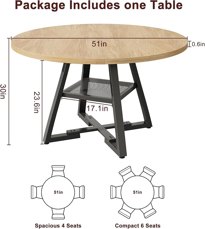 51'' Round Dining Table for 6,Kitchen Dining Room Circle Dinner Pedestal Table,Space Saving Wood Kitchen & Dining Room Furniture (Natual Wood, 51In)