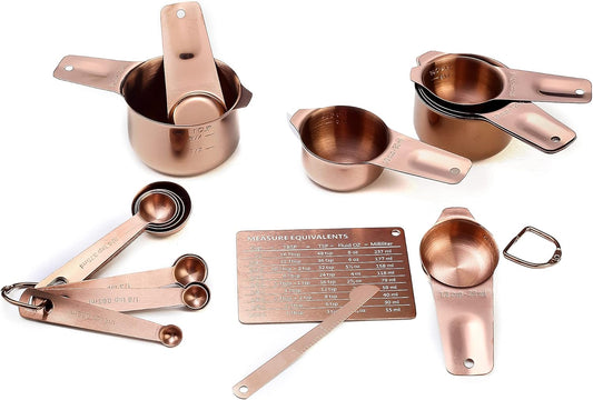 Copper Measuring Cups and Spoons Set (19PCS Set - Antique Copper Plated), 8 Measuring Cups, 9 Measuring Spoons, 1 Leveler and 1 Magnetic Measurement Chart, Stackable for Easy Storage with Gift Box