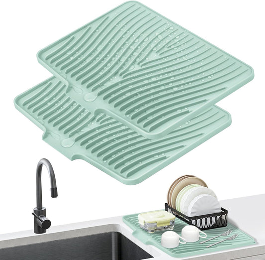 Dish Drying Mat, Stone Drying Mat for Kitchen Counter with Built-in Drain, Non-Slip Drying Matt Kitchen Counter, Heat Resistant Silicone Drying Mat, Dish Drying Pad, 2 Pcs(15.8"X 13", Mint)