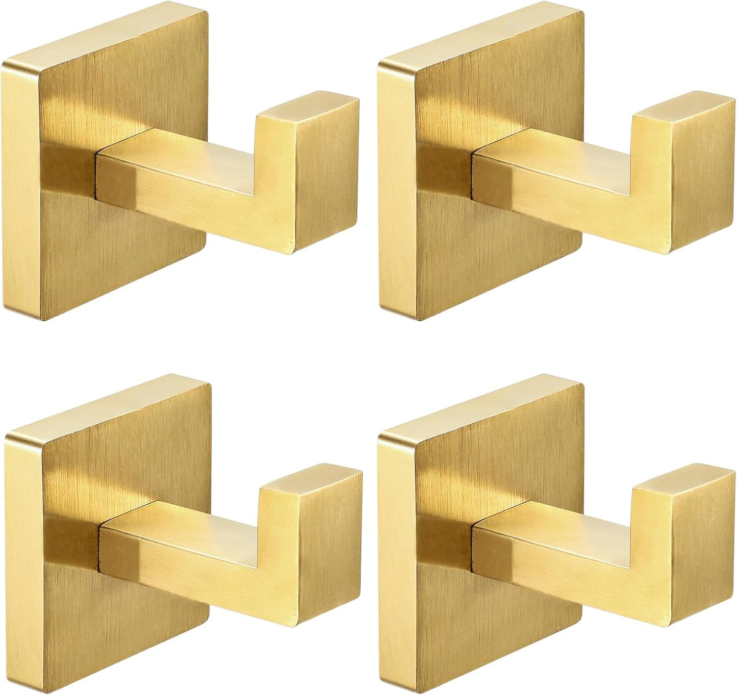 IBosins 4 Pack Towel Hooks Hand Towel Holder for Bathroom Wall Livingroom Bedroom Kitchen Closet Heavy Duty Stainless Steel Hook Hanger for Robe, Bath Towel, Coat (Square Brushed Gold)