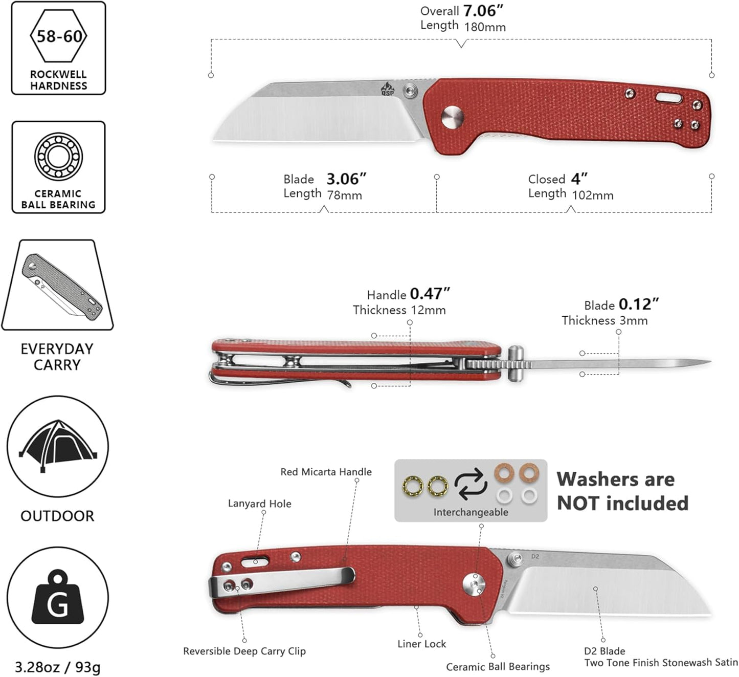 QSP Penguin V2 Folding Pocket Knife, 3.06" D2 Two Tone Finish Stonewash Satin Blade EDC Knife, Red Micarta Handle, Liner Lock, Ceramic Ball Bearings, Reversible SS Deep Carry Clip