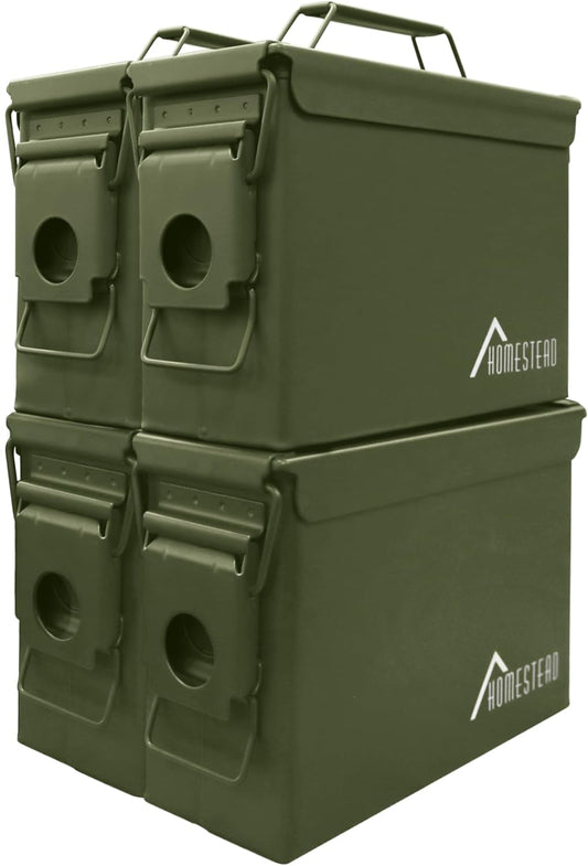 HOMESTEAD 30 Cal Metal Ammo Cans – 4 Pack M19A1 Military Steel Storage Boxes, Airtight & Water-Resistant Containers for Ammunition or Tools, Green Color