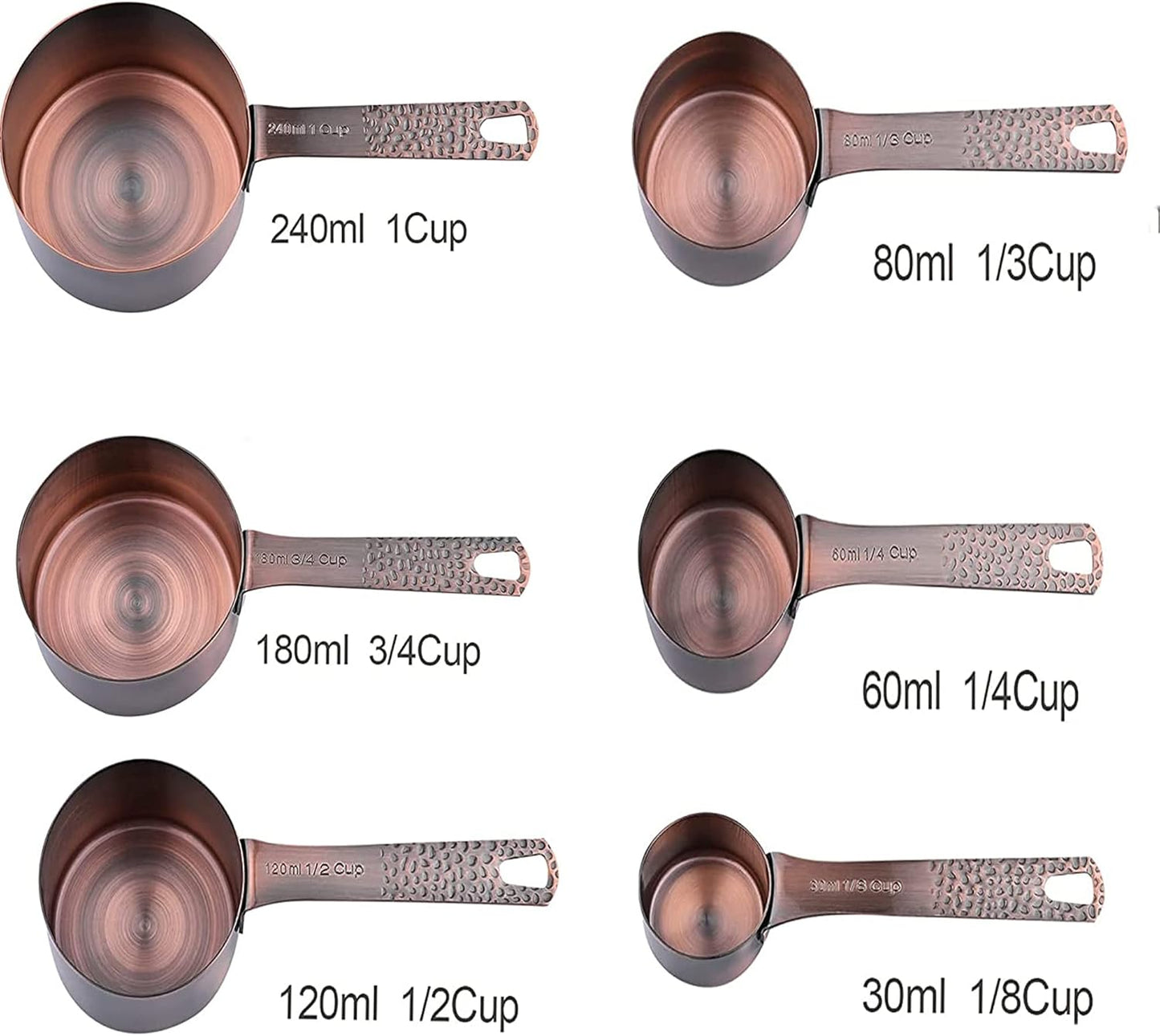 Copper Measuring Cups and Spoons - 6 Plated Cups, 7 Metal Spoons, 1 Leveler - Dry Measure Set