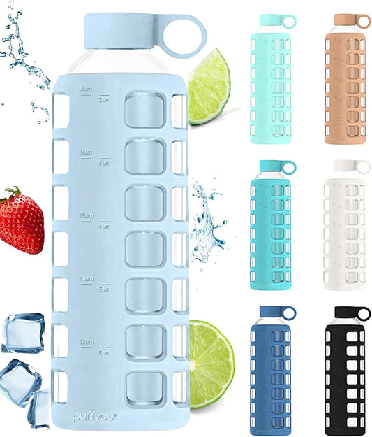purifyou 40oz / 32oz / 22oz / 12oz Borosilicate Glass Water Bottle with Time & Volume Markers, Silicone Sleeve, Stainless Steel Lid – Reusable Glass Bottle for Water & Juice (40oz Ice Blue)