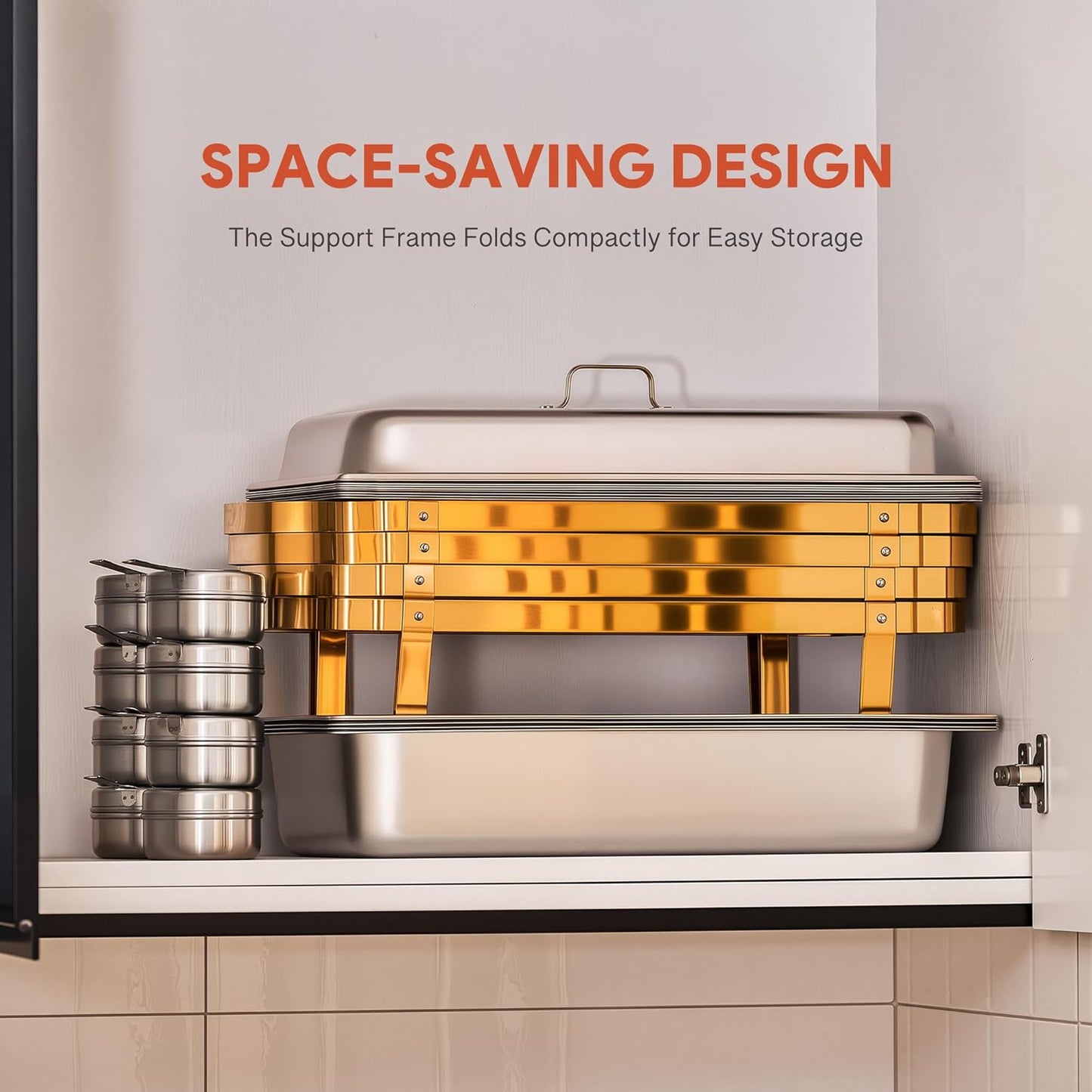 WILPREP Chafing Dishes for Buffet, 4 Pack 9 qt Chafer and Buffet Warmer Set with Full Size Pans & Foldable Frames, Food Grade Stainless Steel Food Warmers for Parties Buffets Banquets, Gold & Silver