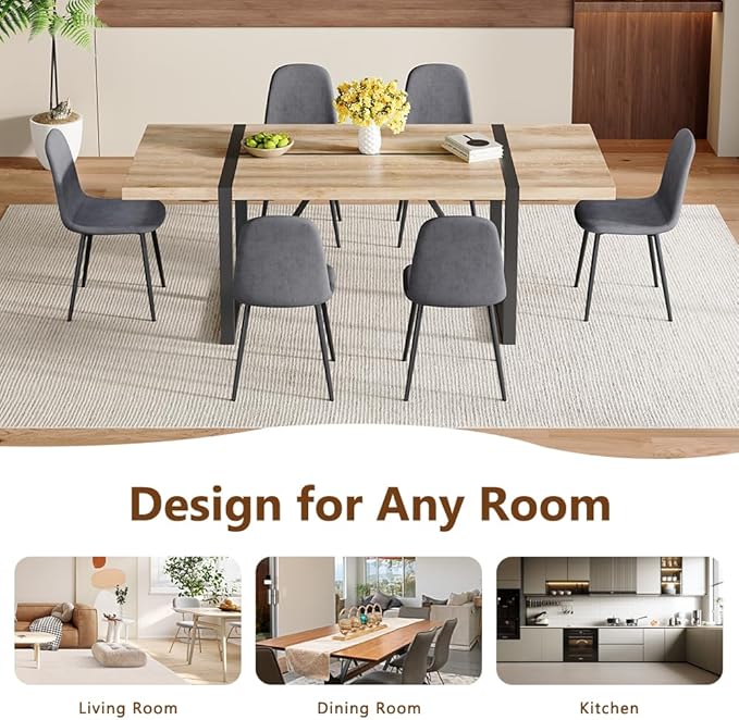 86.6" Dining Table Set for 6, Modern 7 Piece Wood Kitchen Table and Chairs Set, Rectangle Dining Room Table with 6 Linen Fabric Upholstered Chairs, Ideal for Apartment, Kitchen, Dining Room
