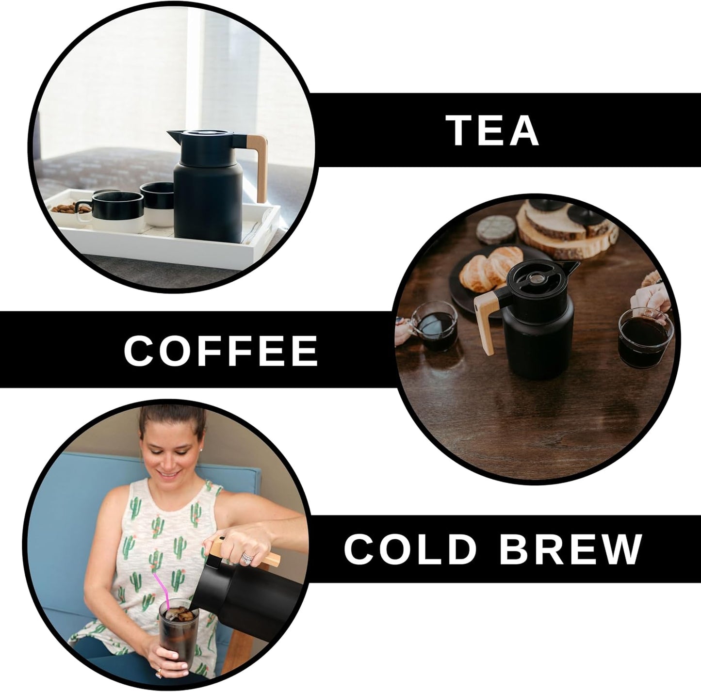 Hastings Collective Thermal Coffee Carafe 50 Oz - Large Stainless Steel Insulated Carafe - 1.5 Liter Double Walled Vacuum Thermos Coffee and Beverage Dispenser with Tea Infuser and Strainer (Black)