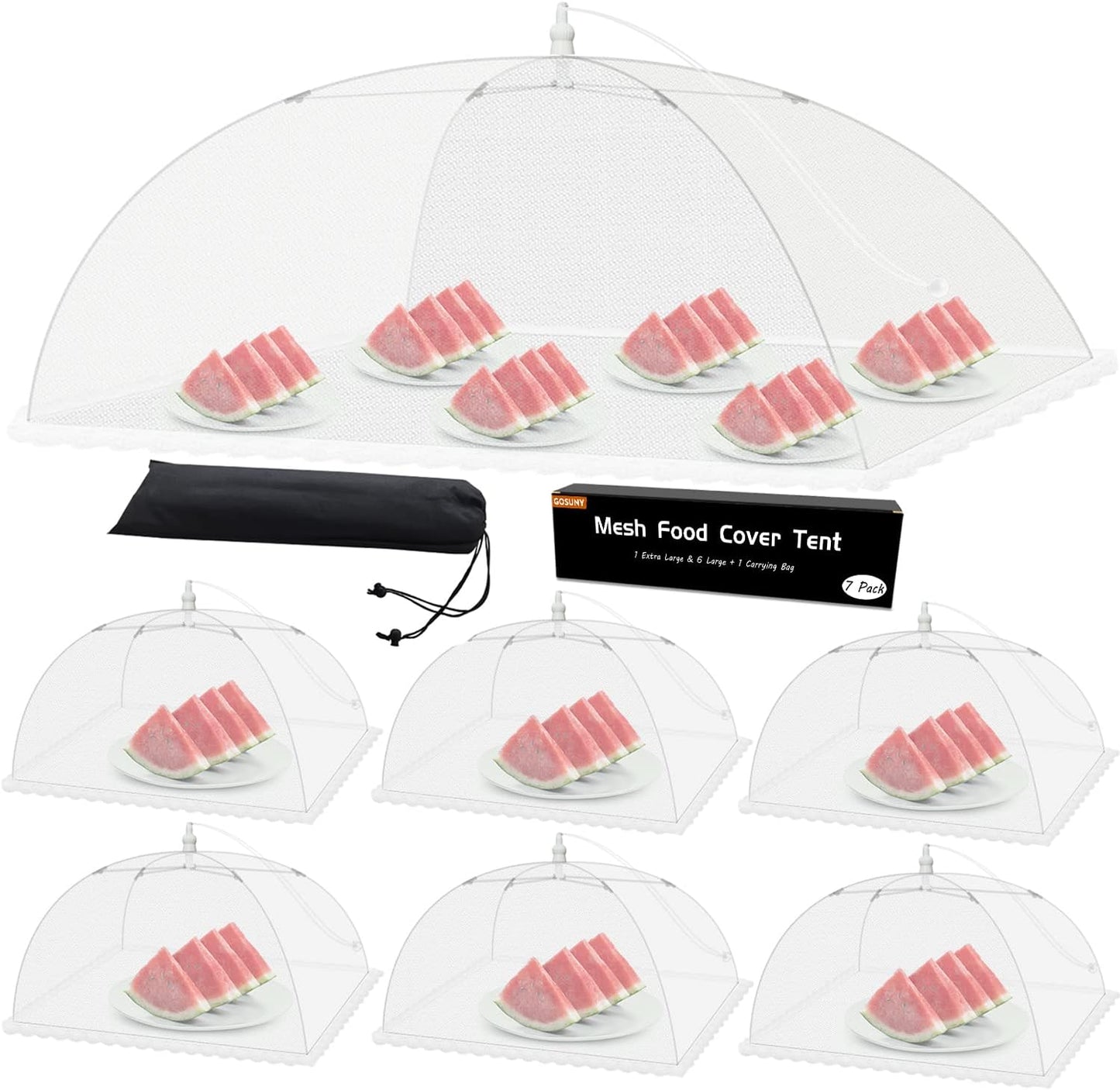Mesh Food Covers for Outdoors - 7 Pack Upgraded 1 Extra Large 40x24 in & 6 Large 17x17 in Outdoor Party Food Cover Tent Collapsible Picnic Nets Umbrella Screen Pop Up Food Dome for Outside (White)