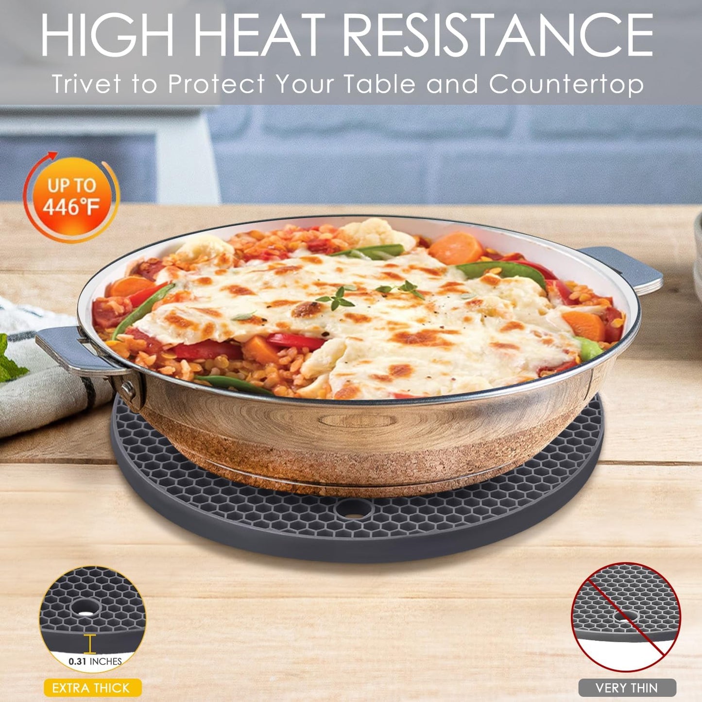 Silicone Trivet Mats, 4 Pack Silicone Pot Holders for Hot Pan and Pot Pads, Heat Resistant Counter Mats for Tables, Countertops, Spoon Rest and Large Coasters, Black & Gray (2 Squared + 2 Round Mats)