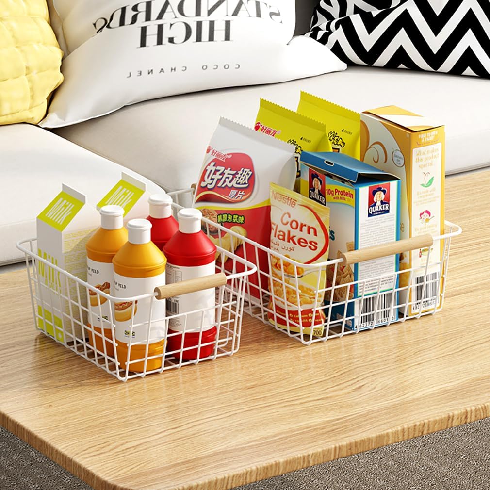 LeleCAT white wire baskets with Wooden Handles Storage Organizer Baskets, Household Refrigerator for Cabinets, Pantry, Closets, Bedrooms, kitchen - Set of 2（White）