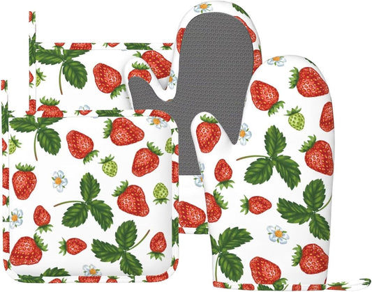 Red Strawberry Leaf Flower Oven Mitts and Pot Holders Set of 4 Silicone Strawberry Kitchen Mitten Gloves and Strawberries Potholders Set Heat Resistant Oven Gloves Hot Holders for Kitchen