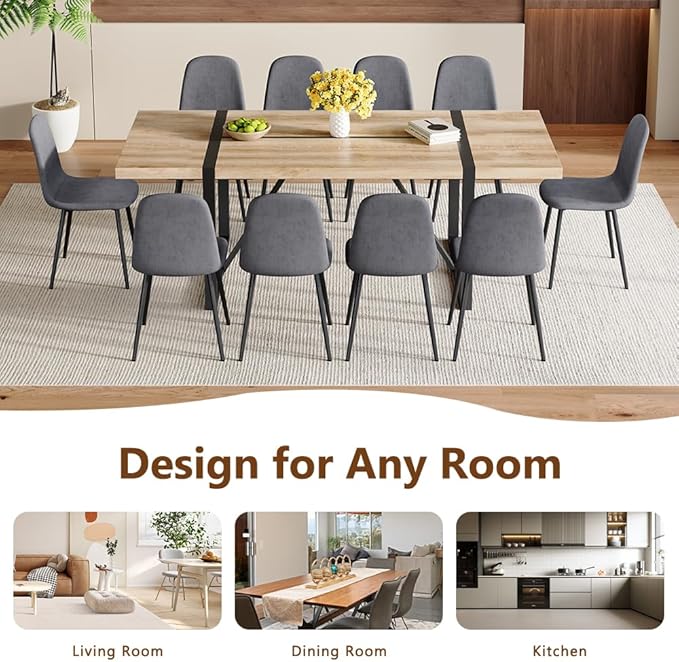 86.6" Dining Table Set for 10, Modern 11 Piece Wood Kitchen Table and Chairs Set, Large Rectangle Dining Table with 10 Linen Fabric Upholstered Chairs, Perfect for Family Gatherings and Dining Room