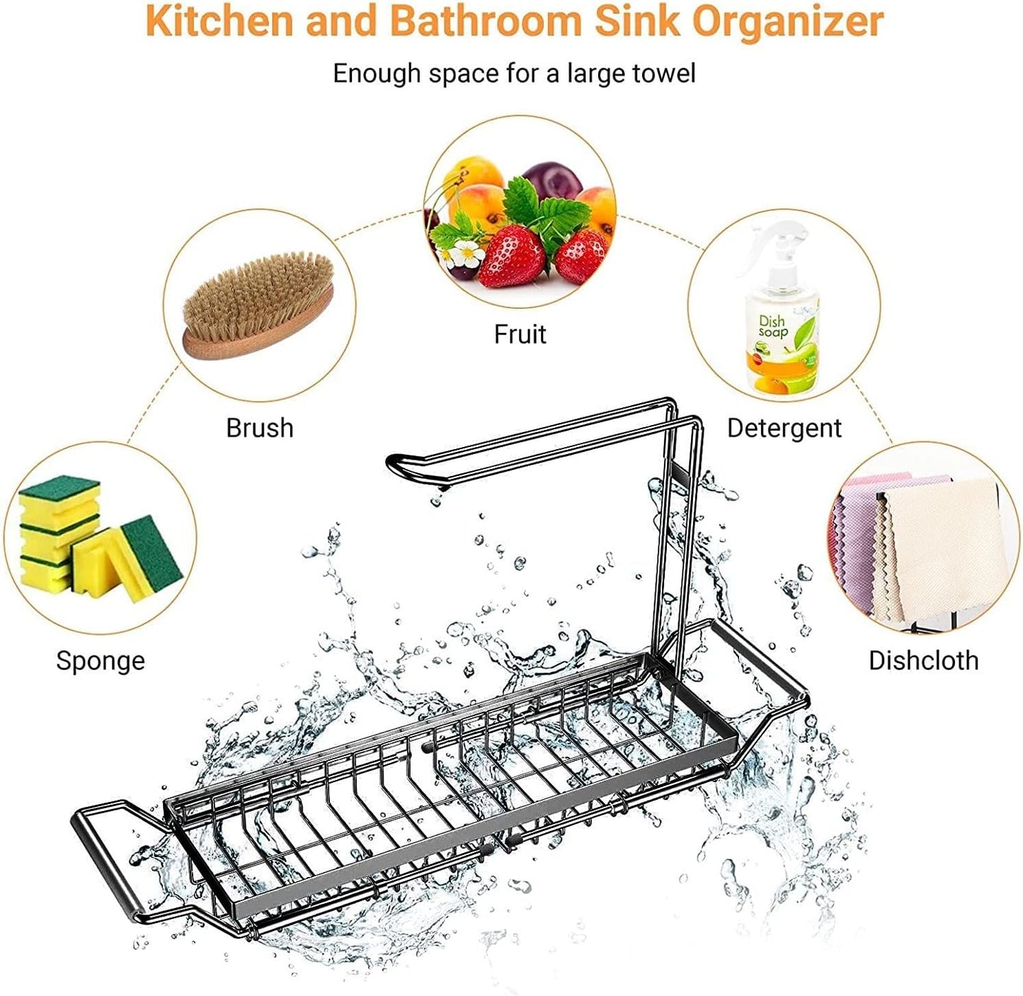 Sponge Holder for Kitchen Sink Caddy, Stainless Steel Telescopic Sink Storage Rack Holder, Expandable (16.7"-21.5") Kitchen Sink Organizer Drying Rack with Soap Dishcloth Towel Holder (Black)