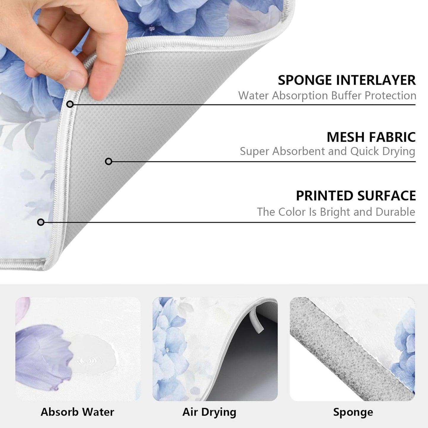 Blue Pink Hydrangea Spring Floral Dish Drying Mat for Kitchen Counter Absorbent Microfiber Small Drying Pad Dish mats for Kitchen Countertops 16 x 18 Inch